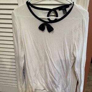 Forever 21 White Long-Sleeve Sweater with Black Trim and Bow Accent